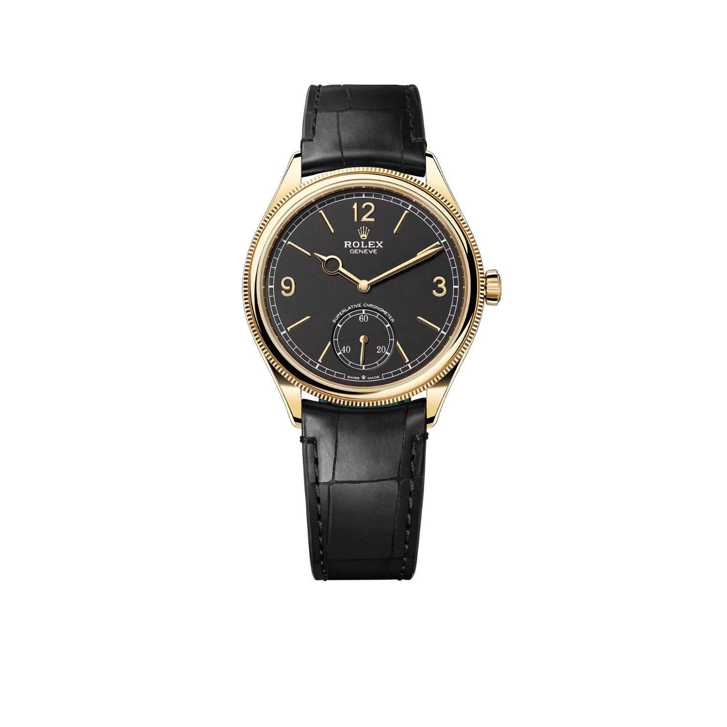 Perpetual 1908 39mm Yellow Gold Black Dial Black Alligator Leather Strap m52508-0002