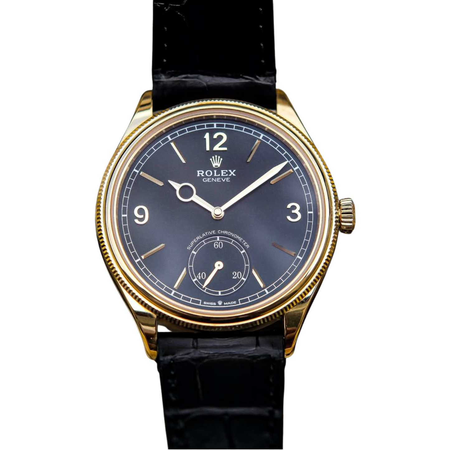 Perpetual 1908 39mm Yellow Gold Black Dial Black Alligator Leather Strap m52508-0002