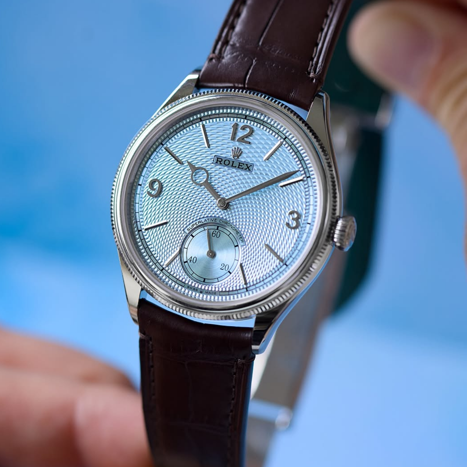 Perpetual 1908 39mm White Gold Platinum Ice Blue Dial Brown Alligator Leather Strap m52506-0002
