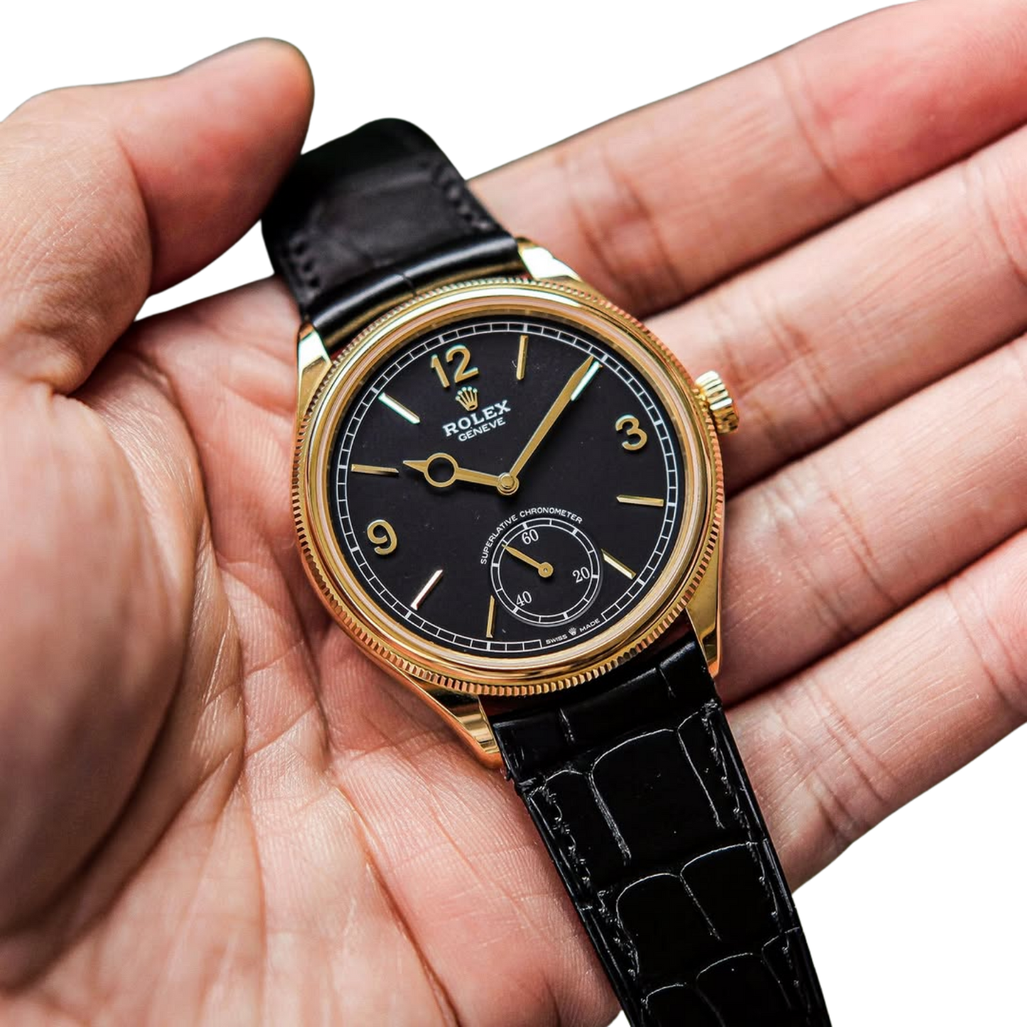 Perpetual 1908 39mm Yellow Gold Black Dial Black Alligator Leather Strap m52508-0002