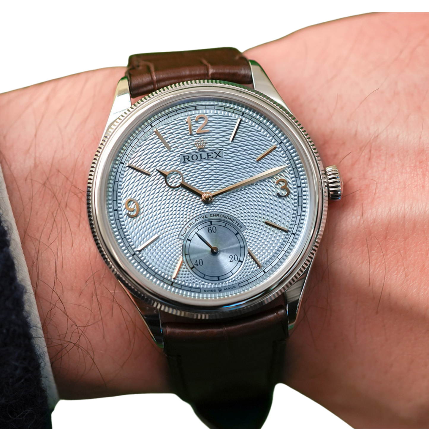 Perpetual 1908 39mm White Gold Platinum Ice Blue Dial Brown Alligator Leather Strap m52506-0002