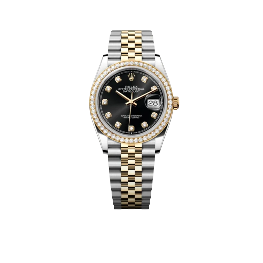 Datejust 36mm Black Dial Steel Yellow Gold Diamond Mens Watch 116243