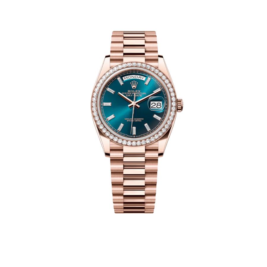 Day-Date 36mm 128345RBR Rose Gold Diamond Bezel Blue-Green Baguette Marker Dial