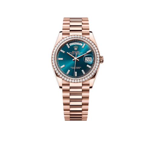 Day-Date 36mm 128345RBR Rose Gold Diamond Bezel Blue-Green Baguette Marker Dial