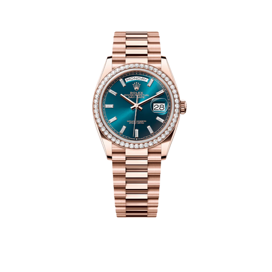 Day-Date 36mm 128345RBR Rose Gold Diamond Bezel Blue-Green Baguette Marker Dial