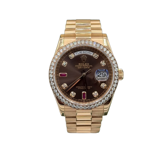 Day-Date 36mm President Bracelet Chocolate Ruby Dial Rose Gold Diamond Bezel 118235