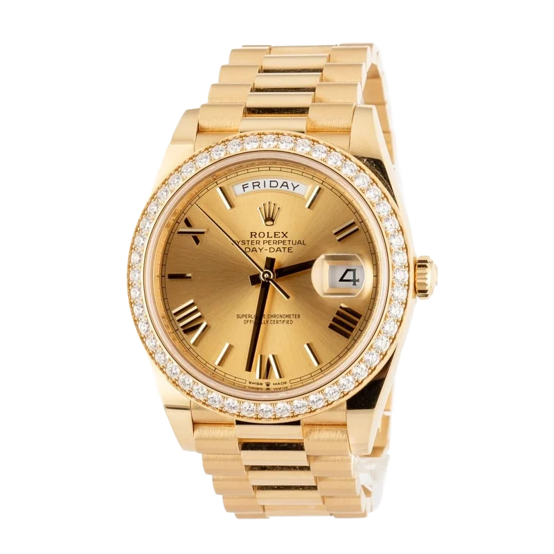 Day-Date 40 228348RBR Yellow Gold Diamond Bezel Champagne Roman Dial