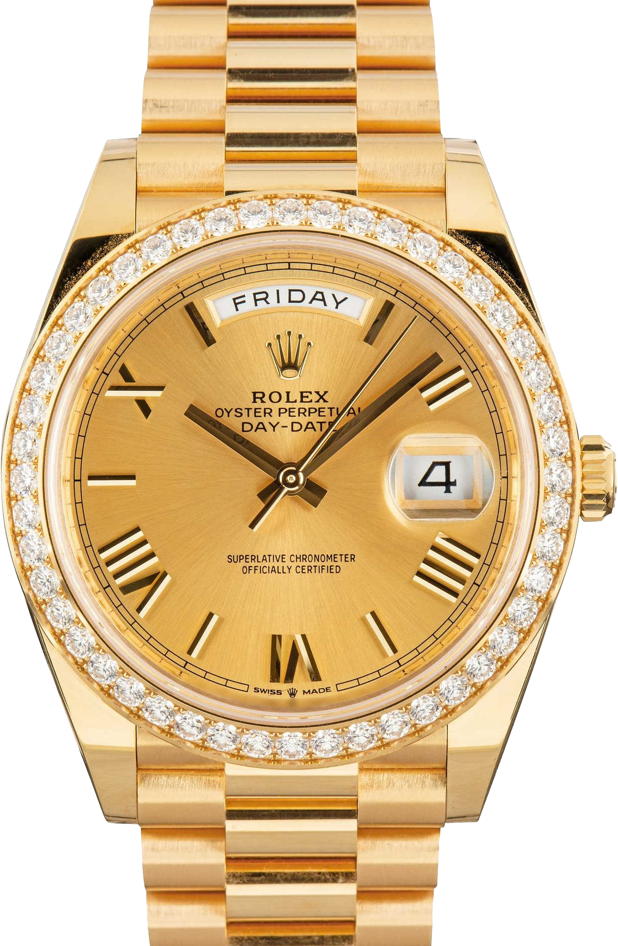 Day-Date 40 228348RBR Yellow Gold Diamond Bezel Champagne Roman Dial
