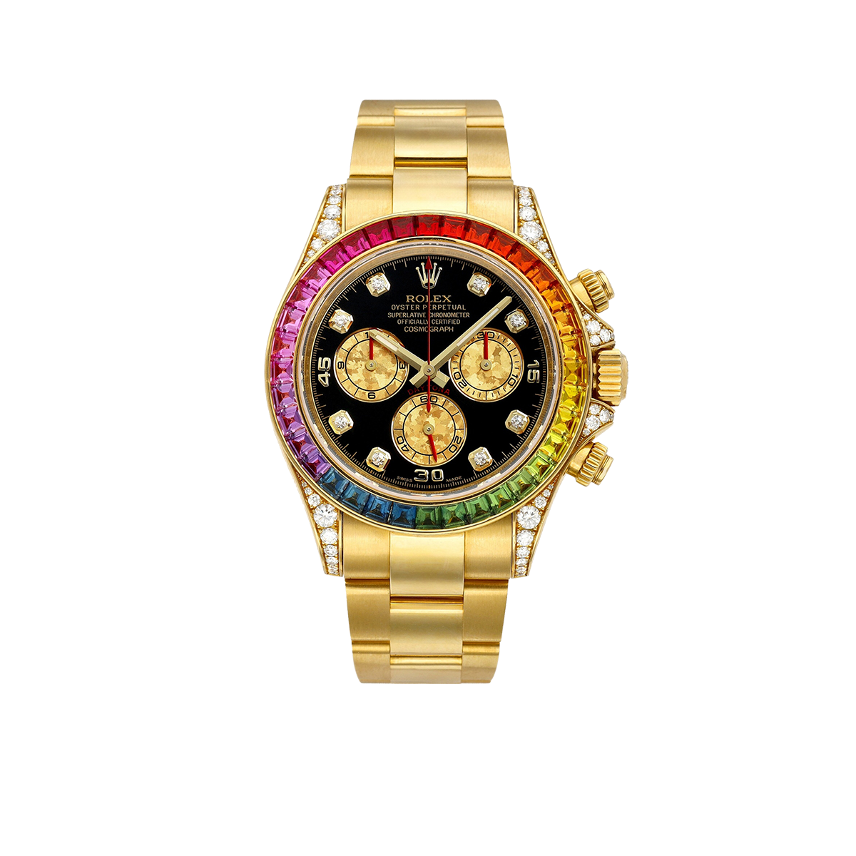 Daytona 116598RBOW Rainbow Yellow Gold Black Diamond Dial Sapphire Bezel
