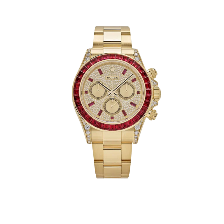 Daytona 126598TRU Yellow Gold Ruby Bezel Diamond Pave Dial