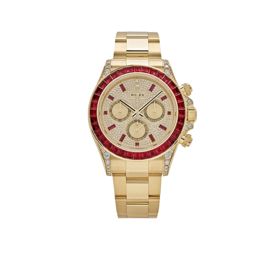 Daytona 126598TRU Yellow Gold Ruby Bezel Diamond Pave Dial
