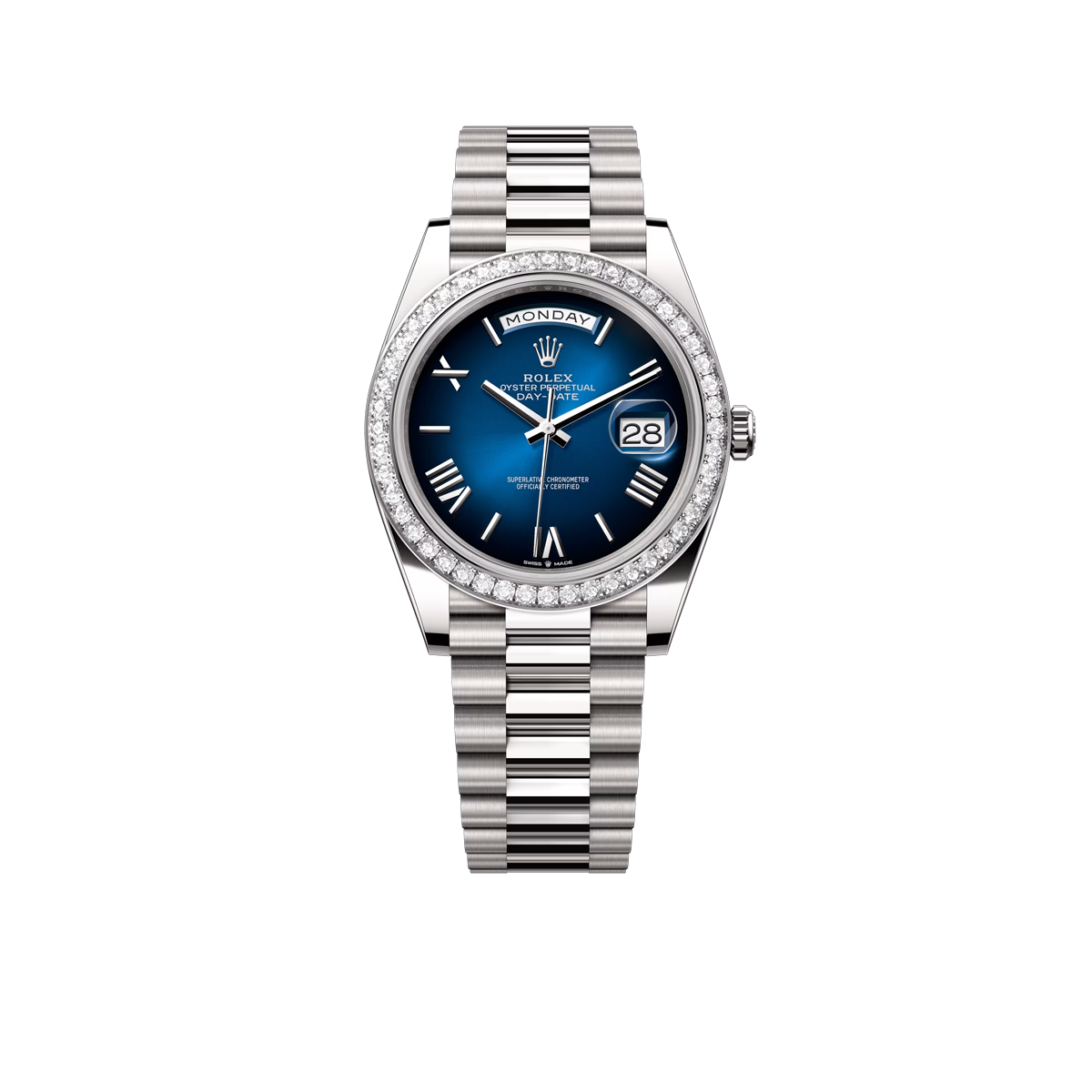 Day-date Oyster Perpetual 40mm White Gold Blue Ombré Dial, Diamond-set bezel M228349RBR-0045