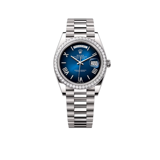 Day-date Oyster Perpetual 40mm White Gold Blue Ombré Dial, Diamond-set bezel M228349RBR-0045