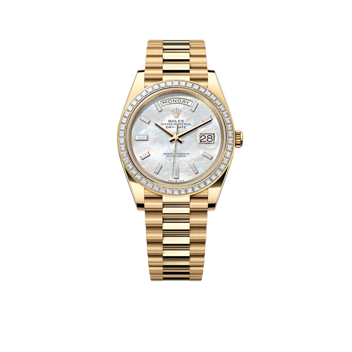 Day-Date 40 228398TBR Yellow Gold Mother of Pearl Diamond Baguette Dial and Bezel