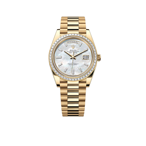 Day-Date 40 228398TBR Yellow Gold Mother of Pearl Diamond Baguette Dial and Bezel