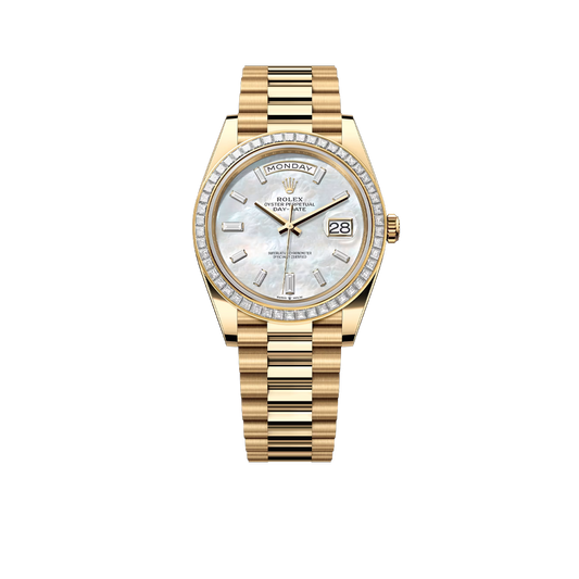 Day-Date 40 228398TBR Yellow Gold Mother of Pearl Diamond Baguette Dial and Bezel