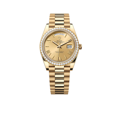 Day-Date 40 228348RBR Yellow Gold Diamond Bezel Champagne Roman Dial