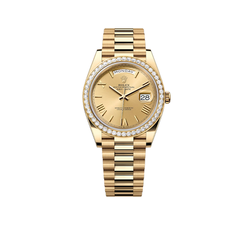 Day-Date 40 228348RBR Yellow Gold Diamond Bezel Champagne Roman Dial