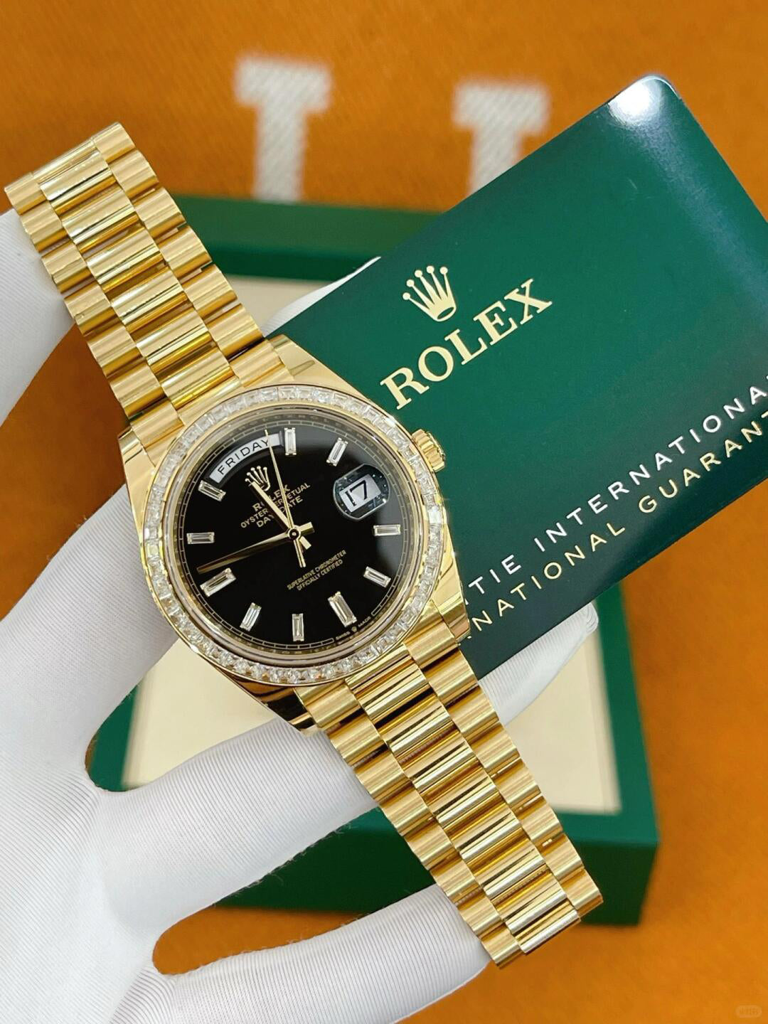 Day-Date 40mm Yellow Gold Onyx Baguette Diamond Dial Baguette Bezel m228398tbr-0001