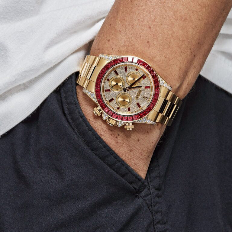 Daytona 126598TRU Yellow Gold Ruby Bezel Diamond Pave Dial