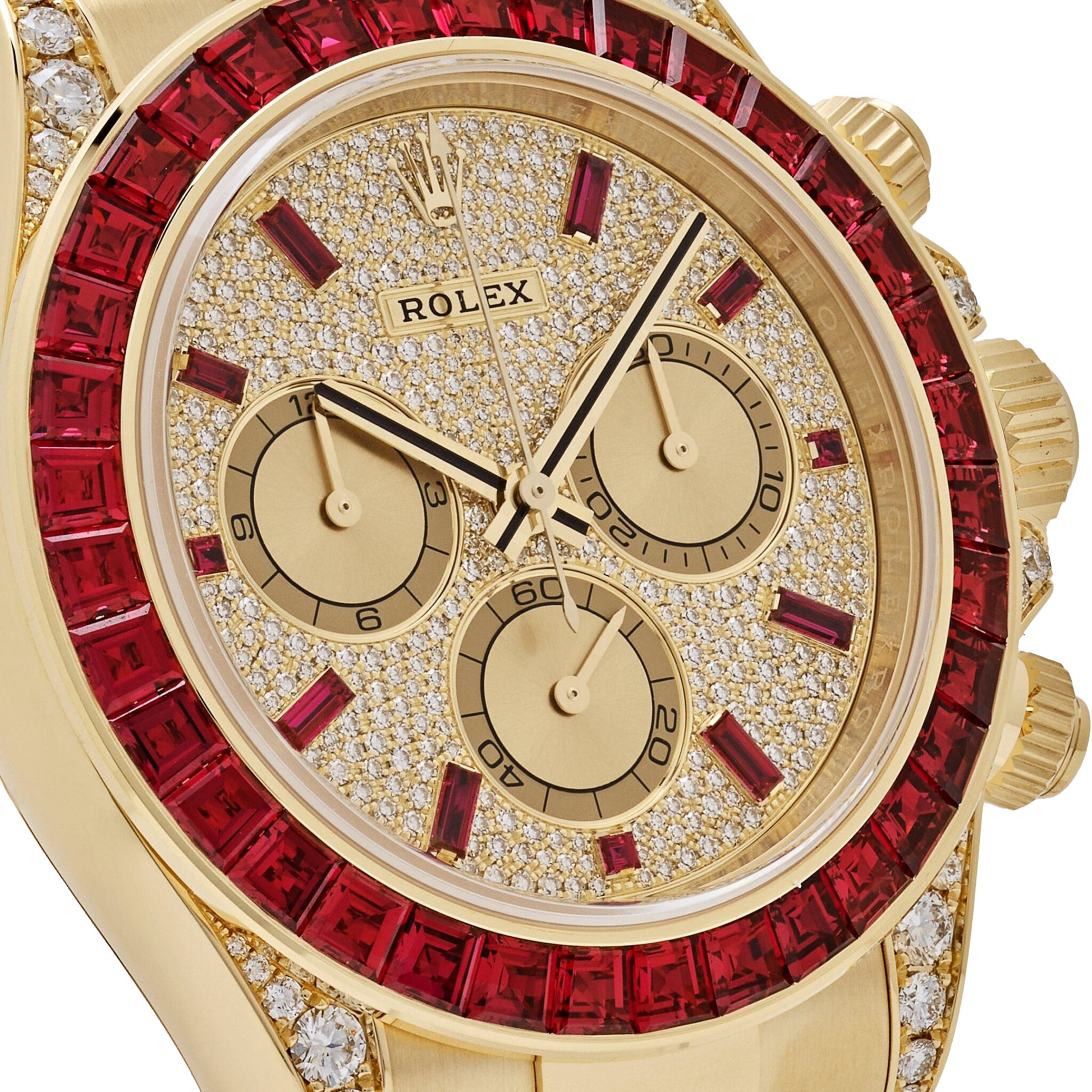 Daytona 126598TRU Yellow Gold Ruby Bezel Diamond Pave Dial