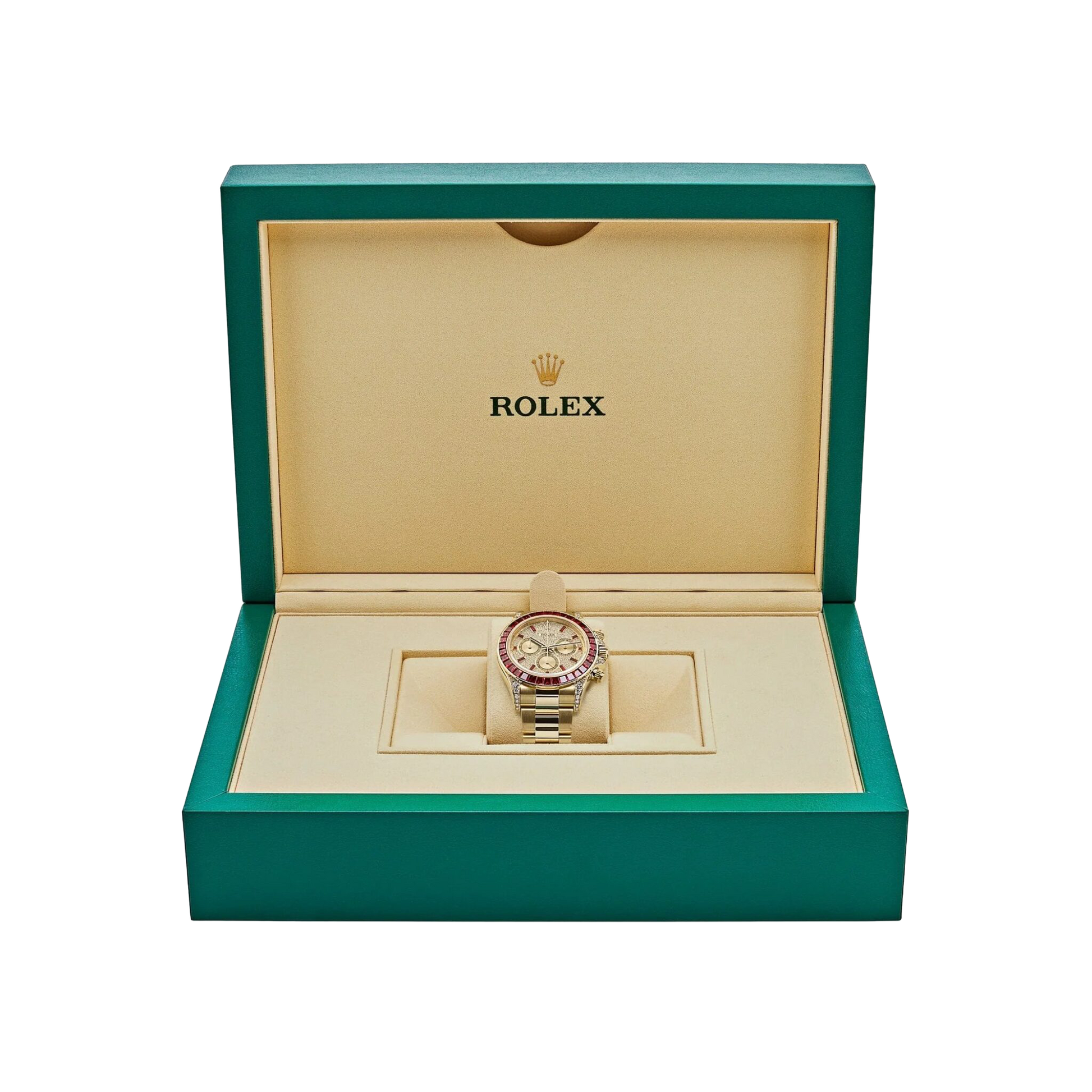 Daytona 126598TRU Yellow Gold Ruby Bezel Diamond Pave Dial