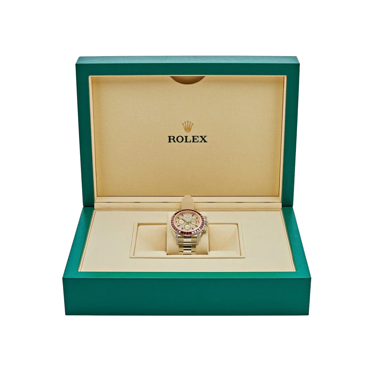 Daytona 126598TRU Yellow Gold Ruby Bezel Diamond Pave Dial
