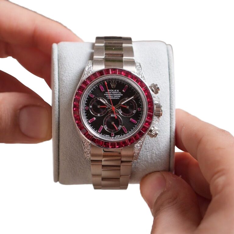 Daytona 126599TRU White Gold Diamond Black Dial Ruby Bezel
