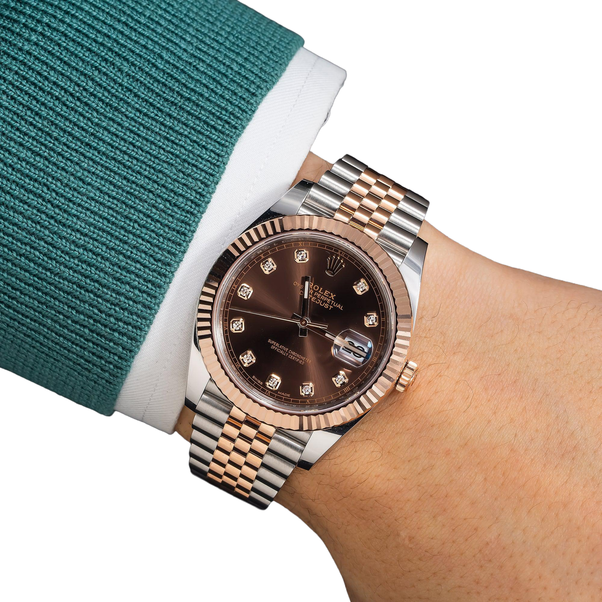 Datejust 41MM 126331 Chocolate Diamond Dial Fluted Bezel Two Tone Rose Gold Jubilee Bracelet