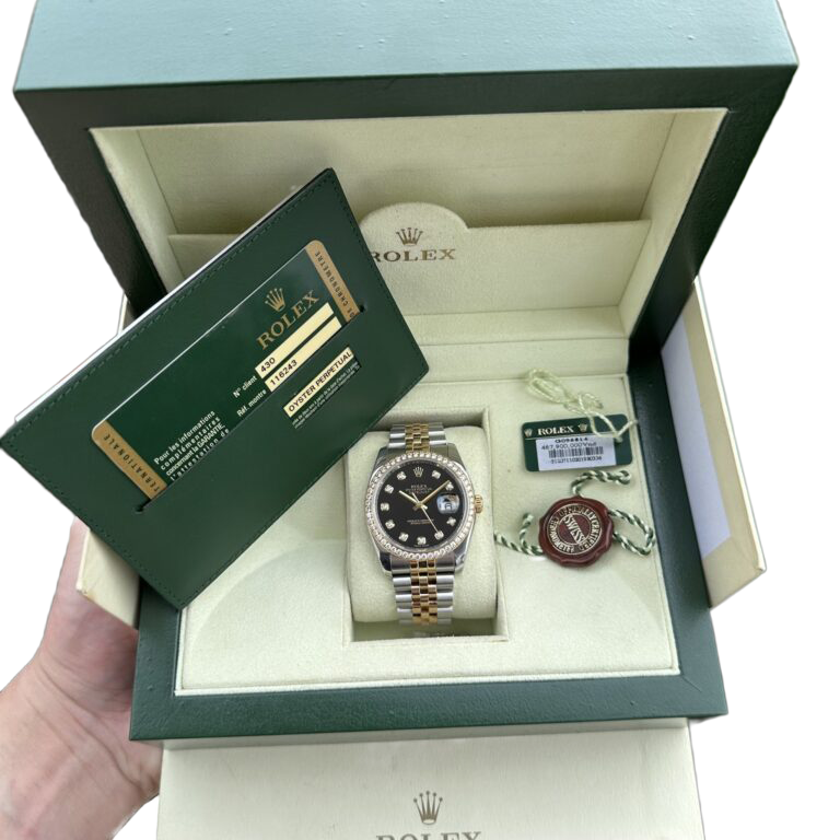Datejust 36mm Black Dial Steel Yellow Gold Diamond Mens Watch 116243