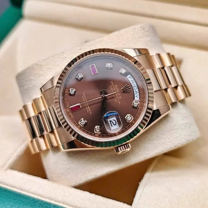 Day-Date 36mm Rose Gold 18K Chocolate Dial Ruby Diamond 118235