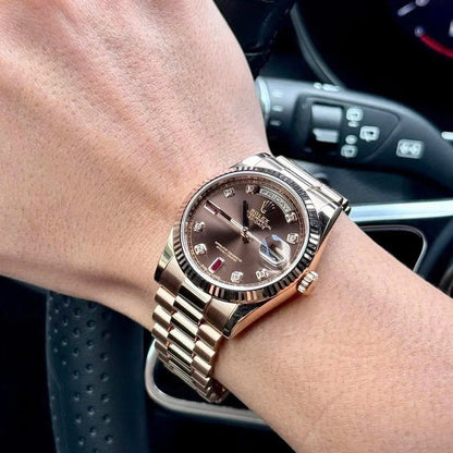 Day-Date 36mm Rose Gold 18K Chocolate Dial Ruby Diamond 118235