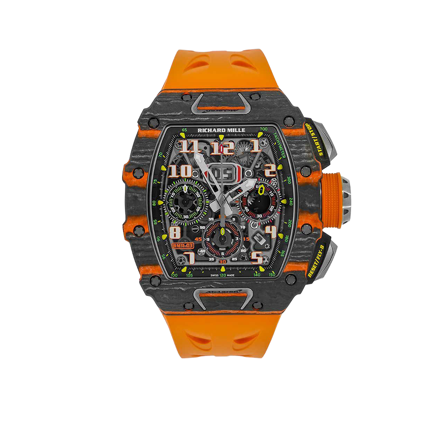 RM 11-03 McLaren Carbon TPT, Skeleton Dial, Orange Strap, 50 mm