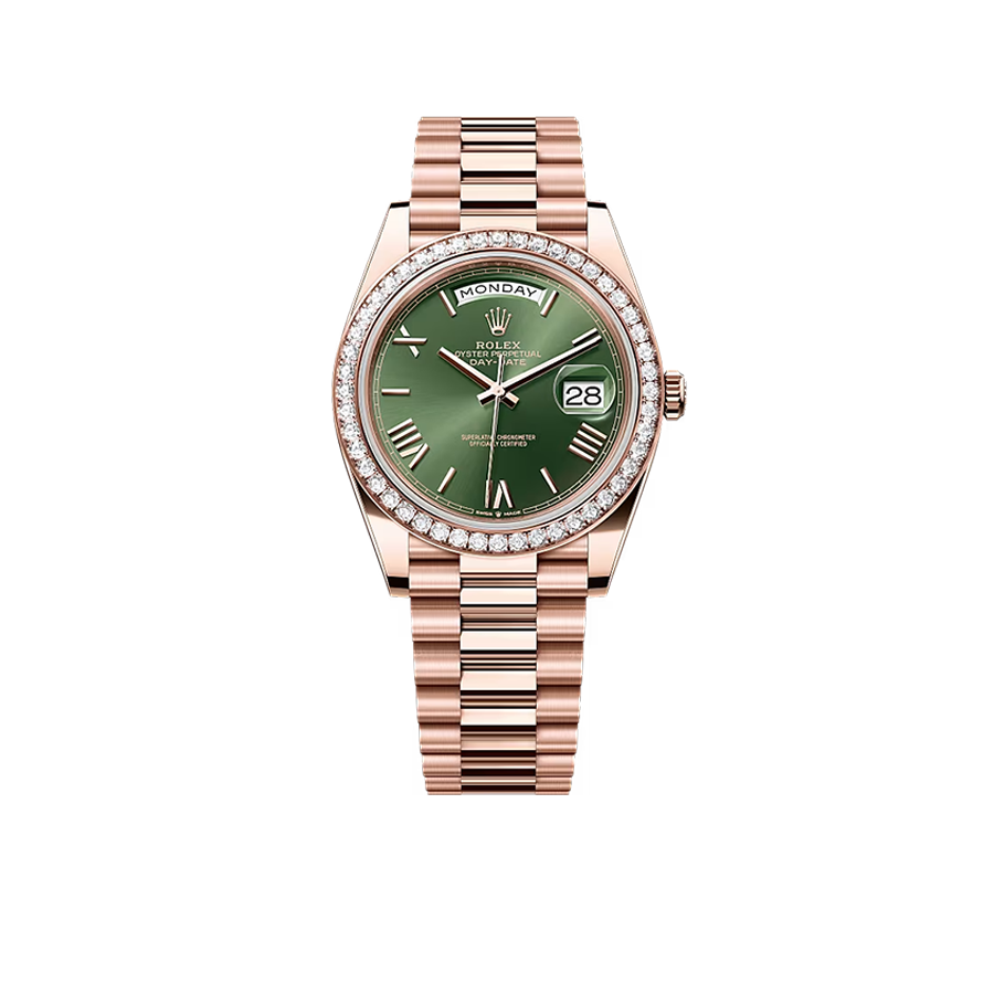 Day-Date President 40mm Everose Gold Olive Green Roman Dial Diamond Bezel - 228345RBR - New 2025