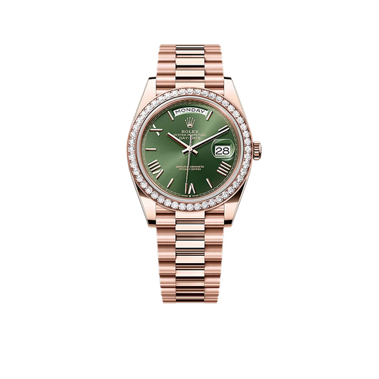 Day-Date President 40mm Everose Gold Olive Green Roman Dial Diamond Bezel - 228345RBR - New 2025