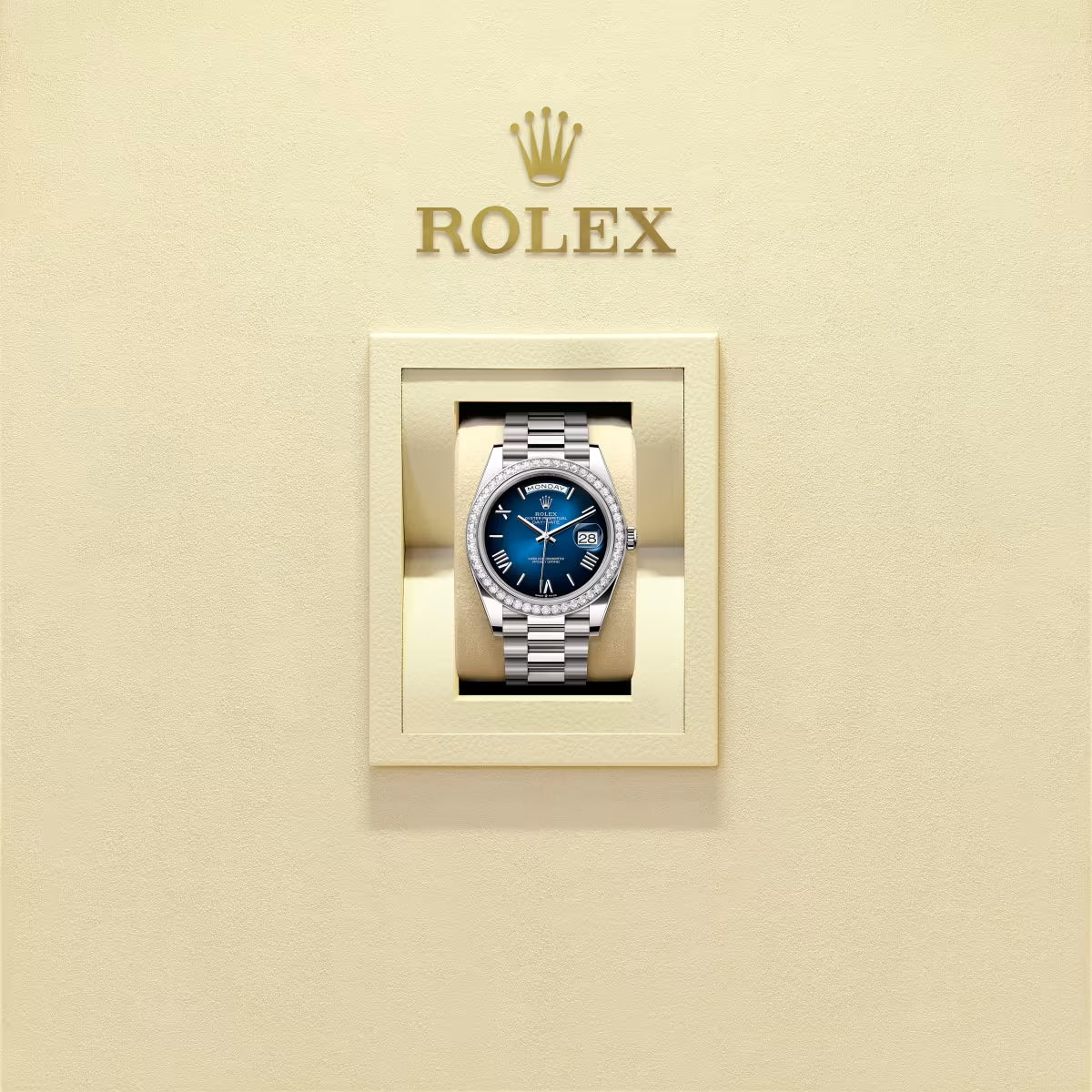 Day-date Oyster Perpetual 40mm White Gold Blue Ombré Dial, Diamond-set bezel M228349RBR-0045