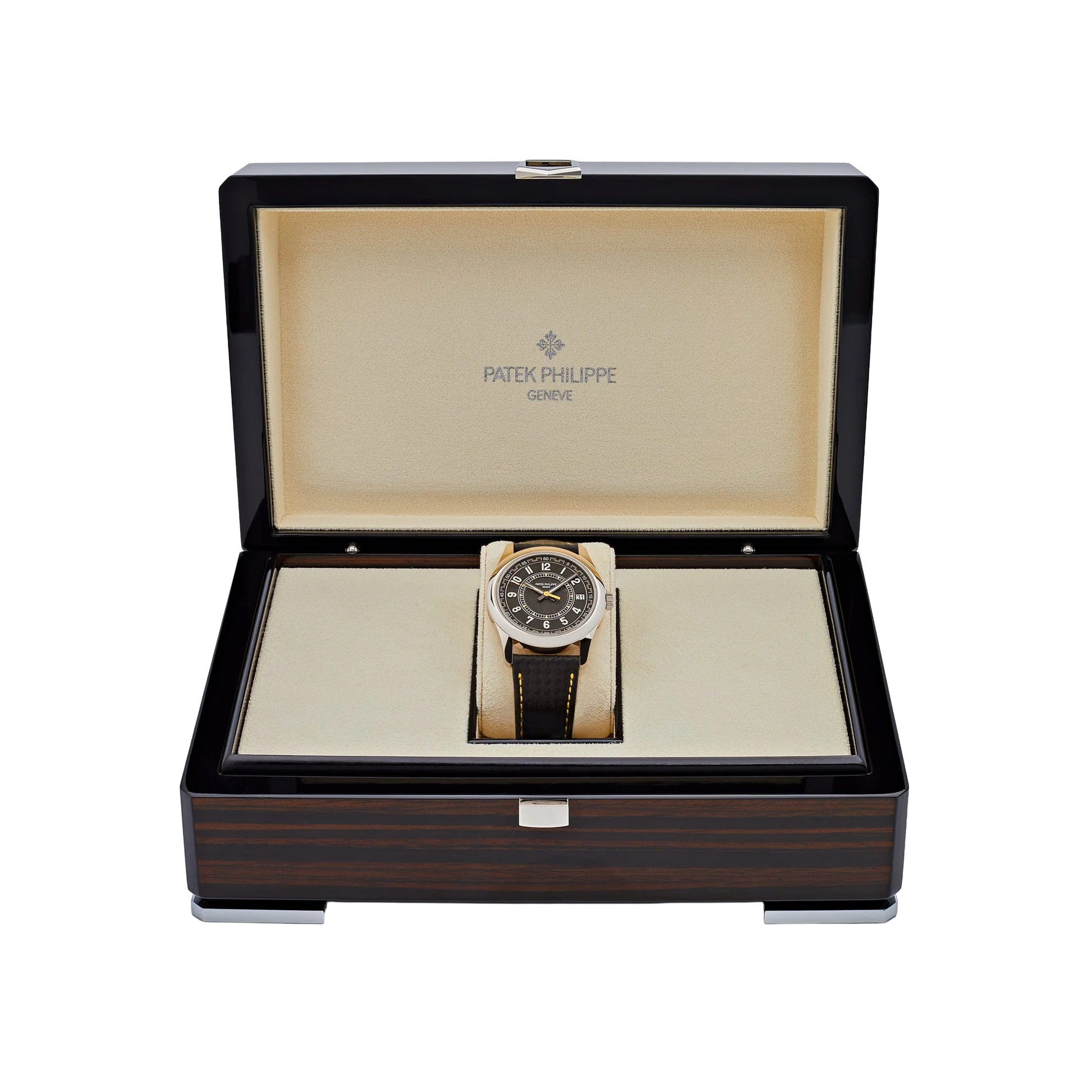 Calatrava 40mm 6007G-001 White Gold Black Dial Yellow Accents