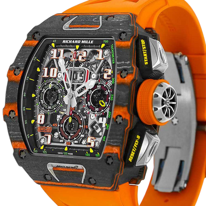 RM 11-03 McLaren Carbon TPT, Skeleton Dial, Orange Strap, 50 mm