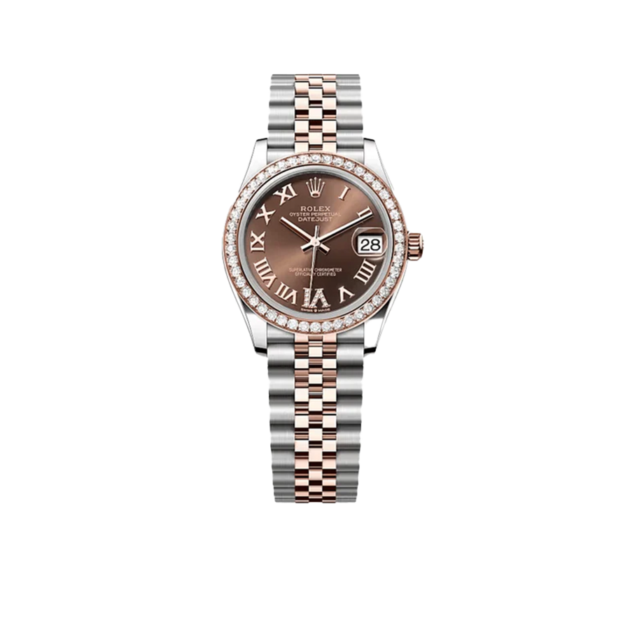 Lady-Datejust 31mm 278381RBR Stainless Steel Rose Gold Brown Roman Numerals Diamond Dial Diamond Bezel Jubilee
