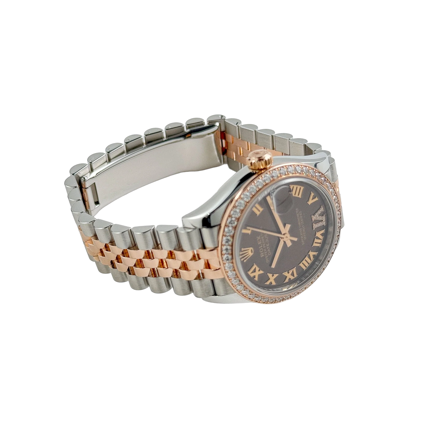 Lady-Datejust 31mm 278381RBR Stainless Steel Rose Gold Brown Roman Numerals Diamond Dial Diamond Bezel Jubilee