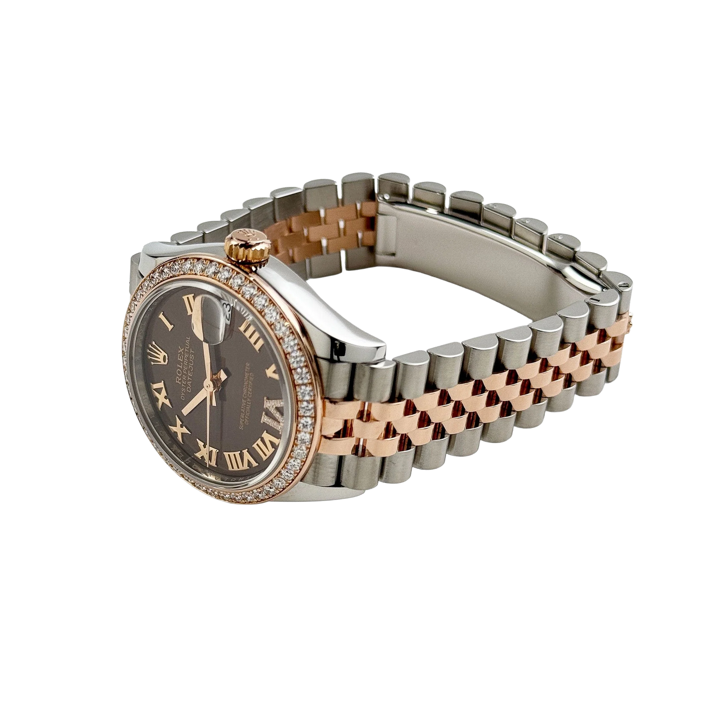 Lady-Datejust 31mm 278381RBR Stainless Steel Rose Gold Brown Roman Numerals Diamond Dial Diamond Bezel Jubilee