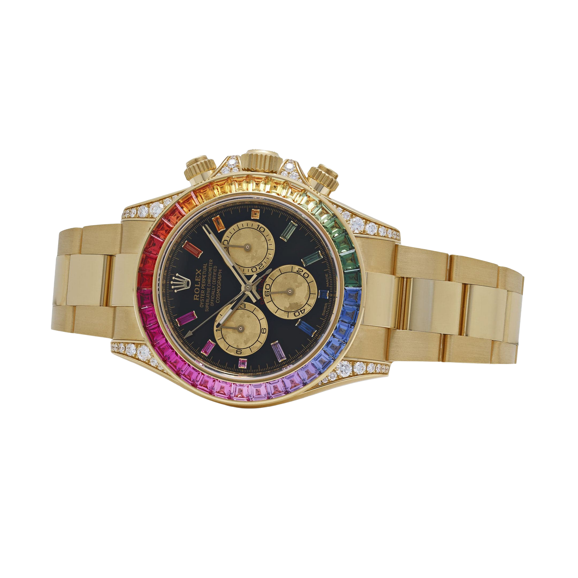 Daytona 126598RBOW 40mm Rainbow Yellow Gold Black Dial Sapphire Bezel