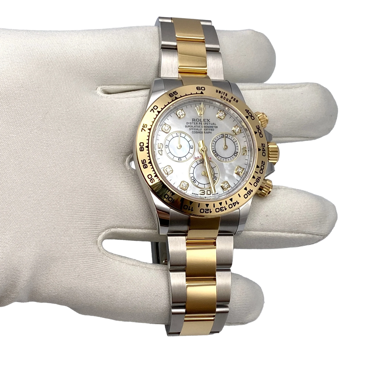 Daytona 40mm Yellow Gold Stainless Steel Mother of Pearl Diamond Dial 116503
