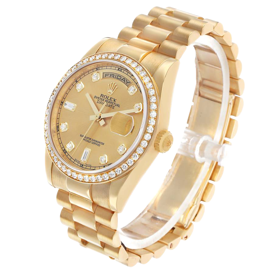 President Day-Date 36mm Yellow Gold Diamond Bezel Mens Watch 118348