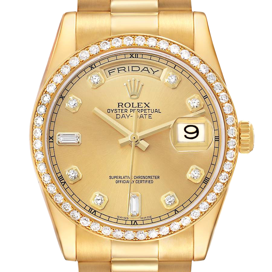 President Day-Date 36mm Yellow Gold Diamond Bezel Mens Watch 118348