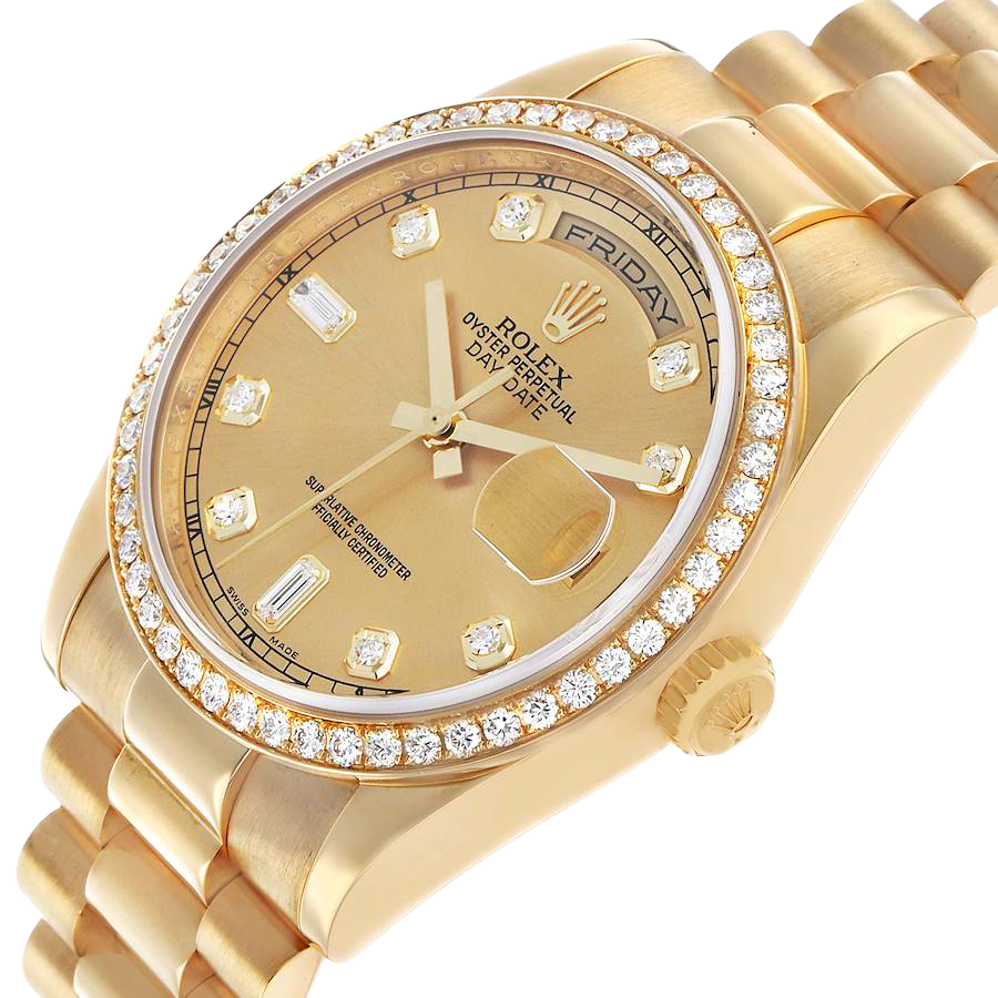 President Day-Date 36mm Yellow Gold Diamond Bezel Mens Watch 118348