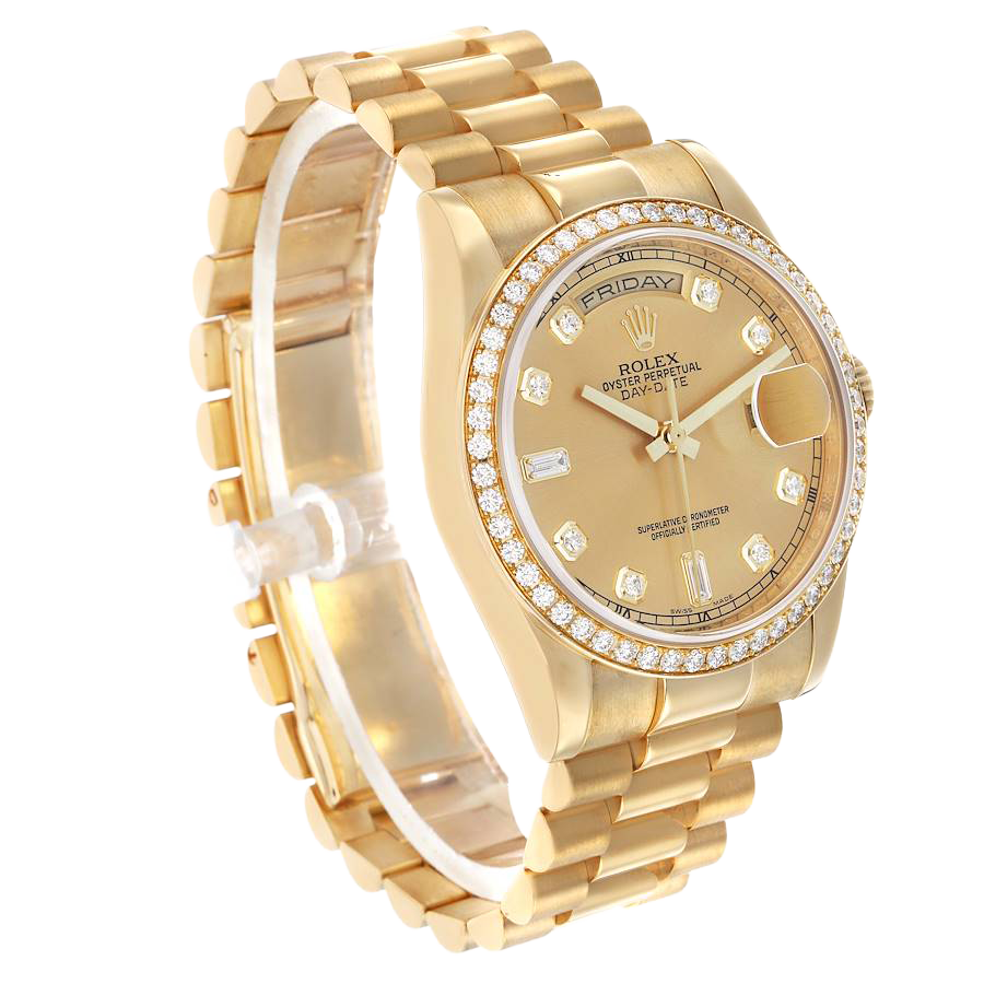 President Day-Date 36mm Yellow Gold Diamond Bezel Mens Watch 118348