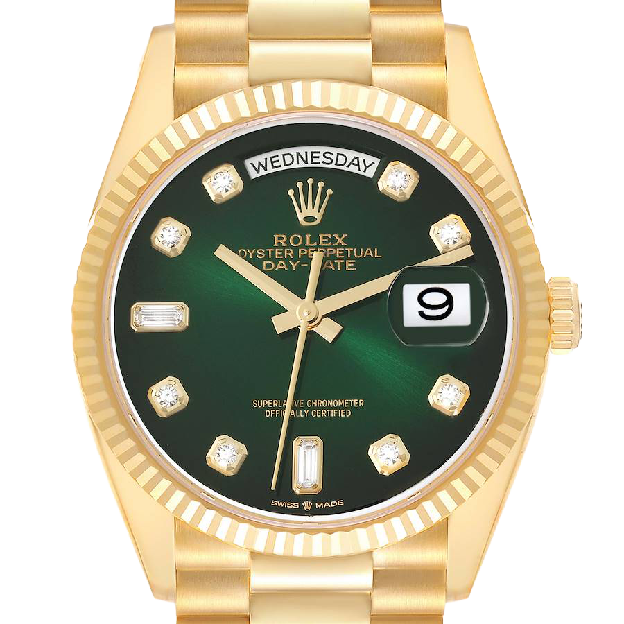 President Day-Date 36mm Yellow Gold Green Diamond Dial Mens Watch 128238