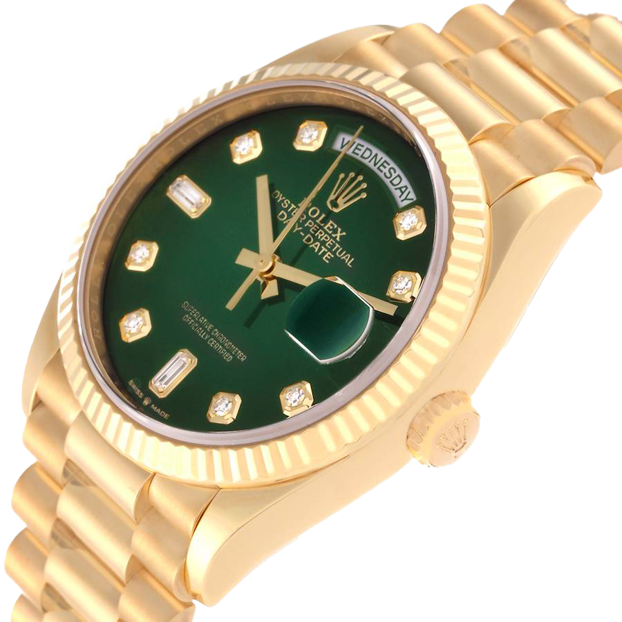 President Day-Date 36mm Yellow Gold Green Diamond Dial Mens Watch 128238