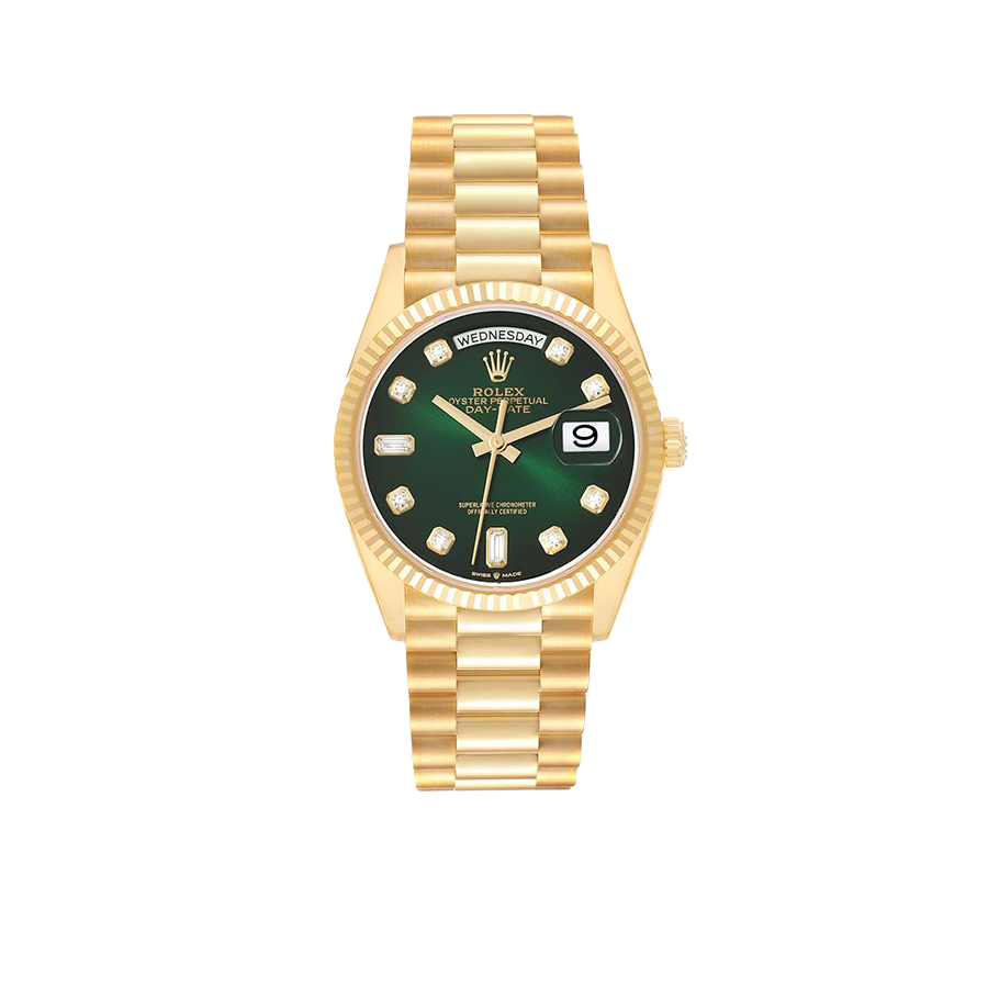 President Day-Date 36mm Yellow Gold Green Diamond Dial Mens Watch 128238